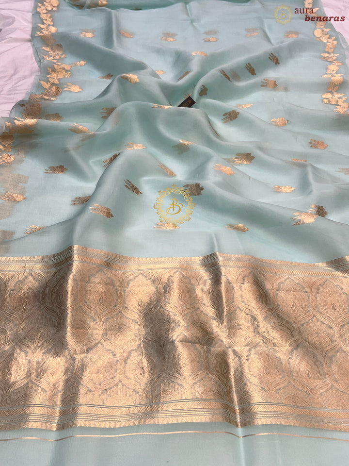 Sky Blue Pure Kora Silk Handloom Banarasi Saree