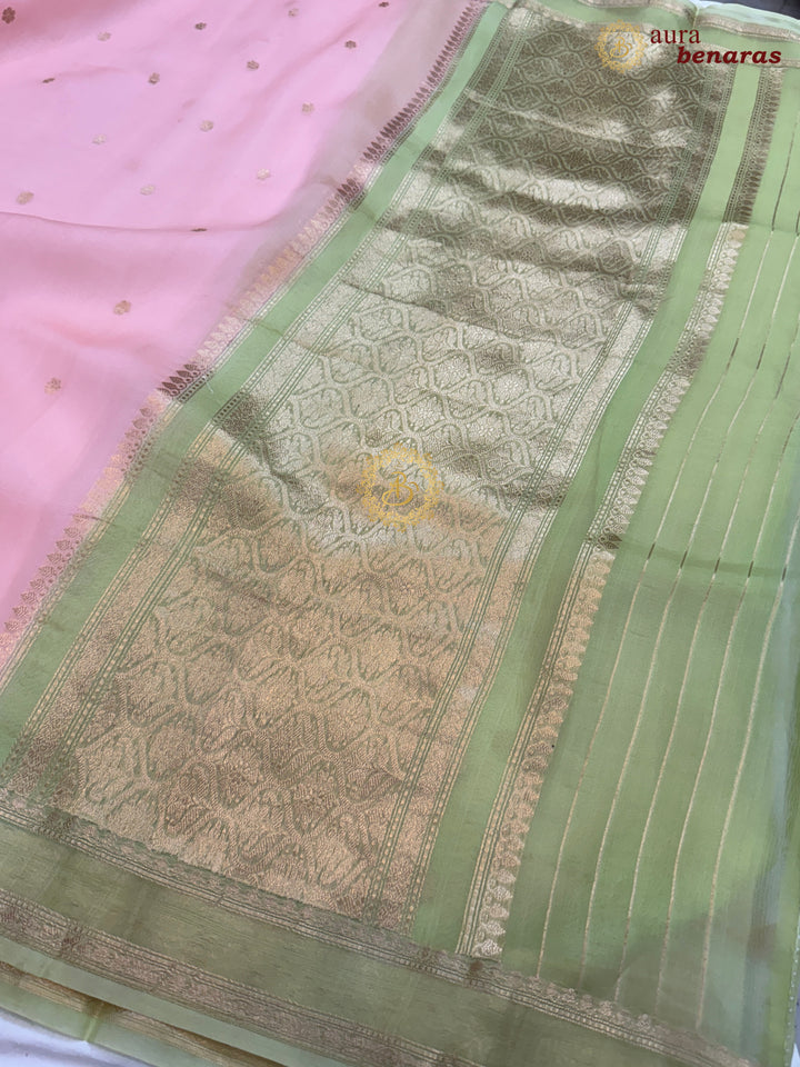 Pastel Peach Banarasi Handloom Kora Silk Saree - Aura Benaras