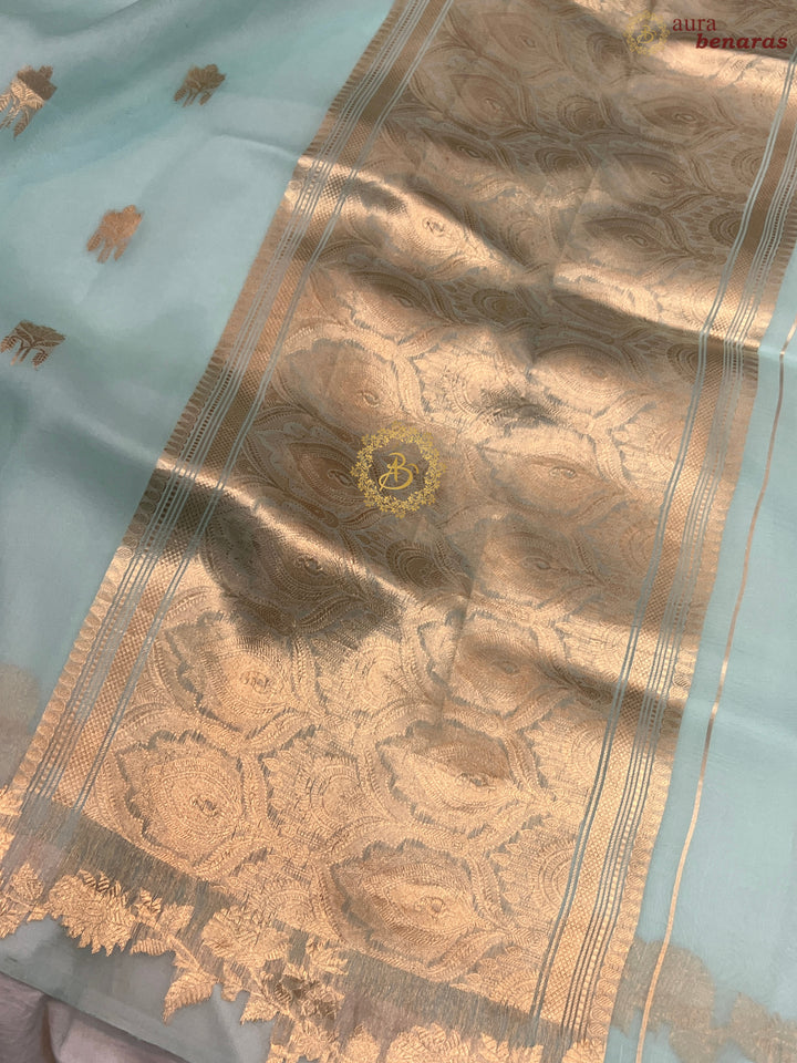 Sky Blue Pure Kora Silk Handloom Banarasi Saree