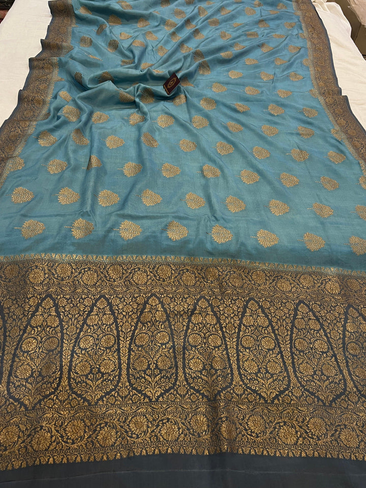 Dusty Blue Pure Banarasi Khaddi Crepe Silk Saree - Aura Benaras