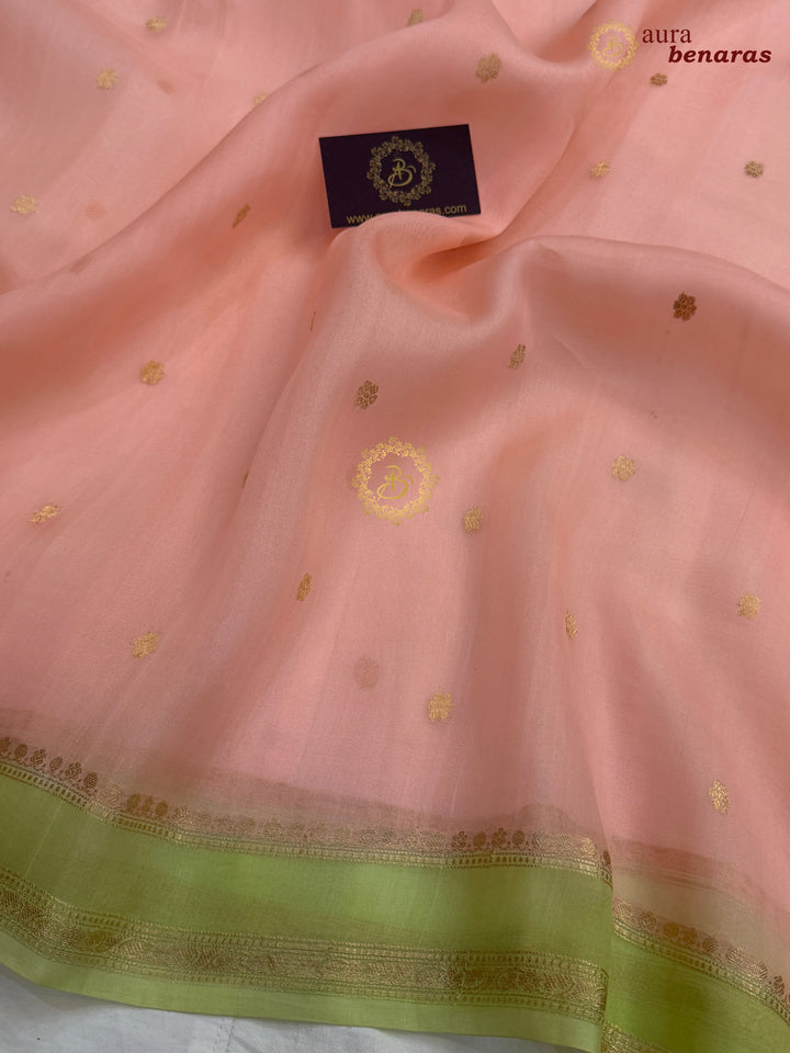 Pastel Peach Banarasi Handloom Kora Silk Saree - Aura Benaras