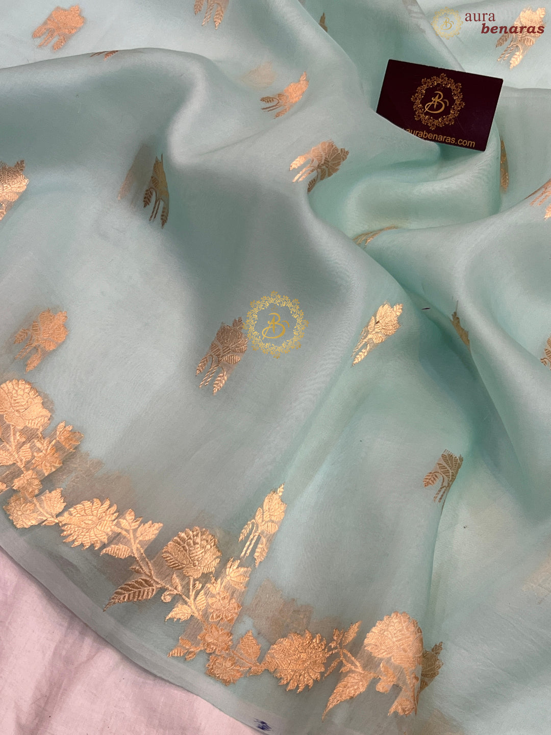 Sky Blue Pure Kora Silk Handloom Banarasi Saree