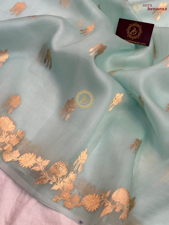 Sky Blue Pure Kora Silk Handloom Banarasi Saree