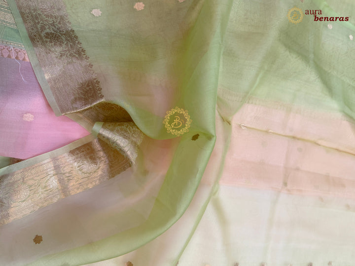 Pastel Peach Banarasi Handloom Kora Silk Saree - Aura Benaras