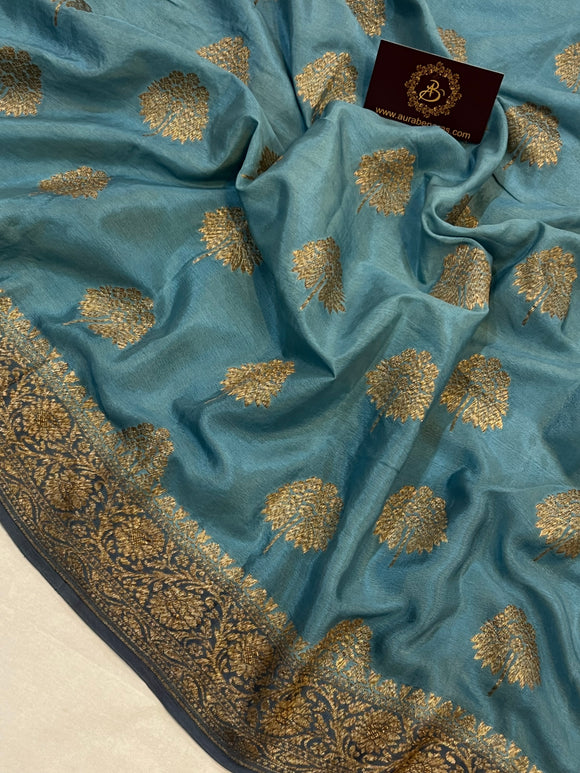 Dusty Blue Pure Banarasi Khaddi Crepe Silk Saree - Aura Benaras