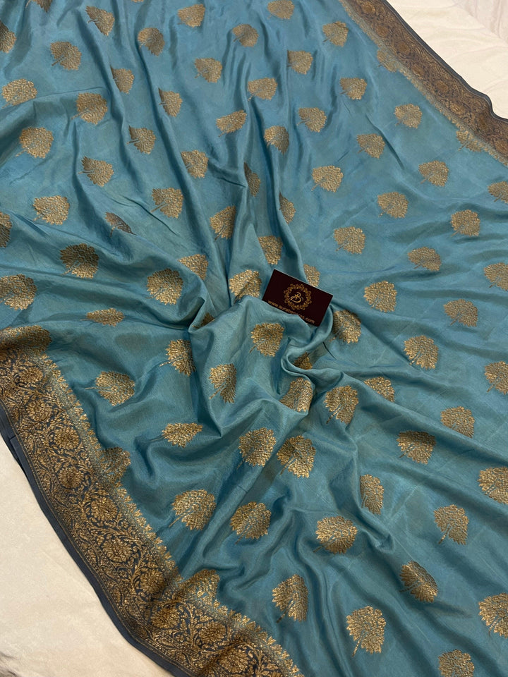 Dusty Blue Pure Banarasi Khaddi Crepe Silk Saree - Aura Benaras