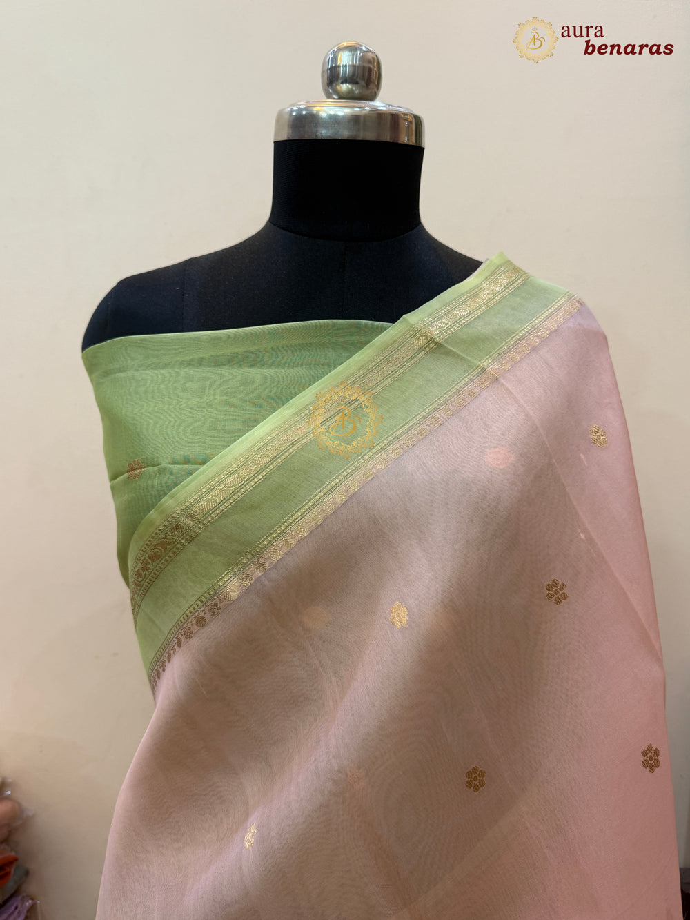 Pastel Peach Banarasi Handloom Kora Silk Saree - Aura Benaras