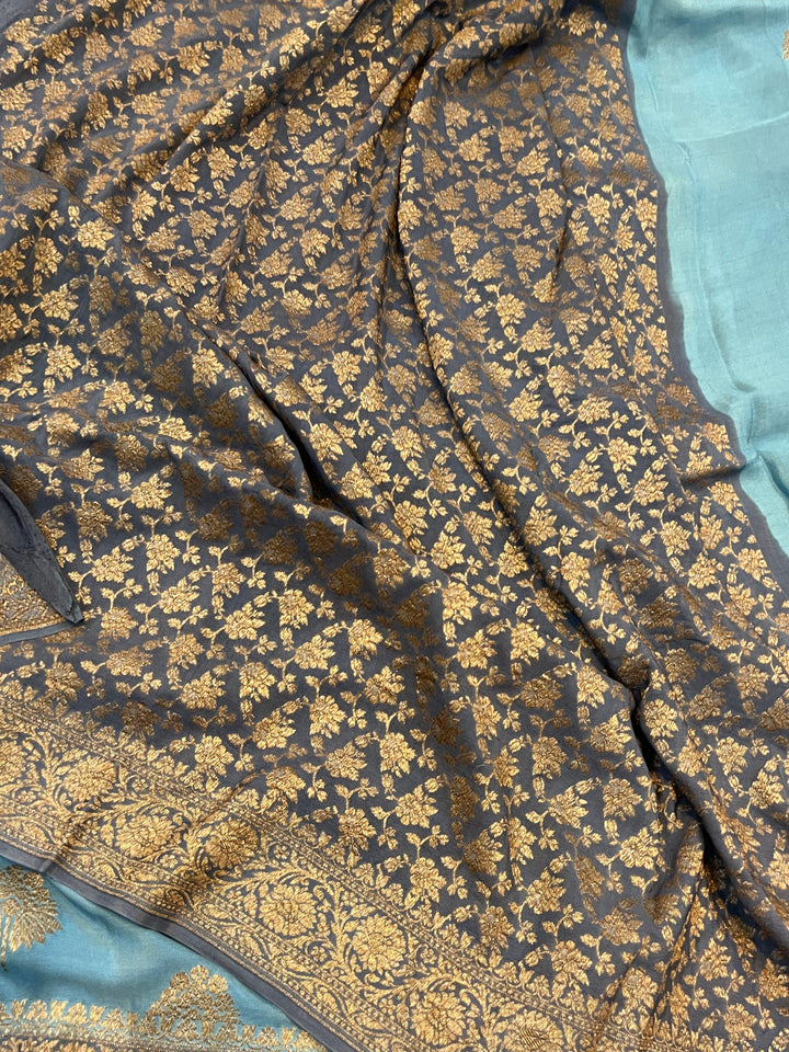 Dusty Blue Pure Banarasi Khaddi Crepe Silk Saree - Aura Benaras