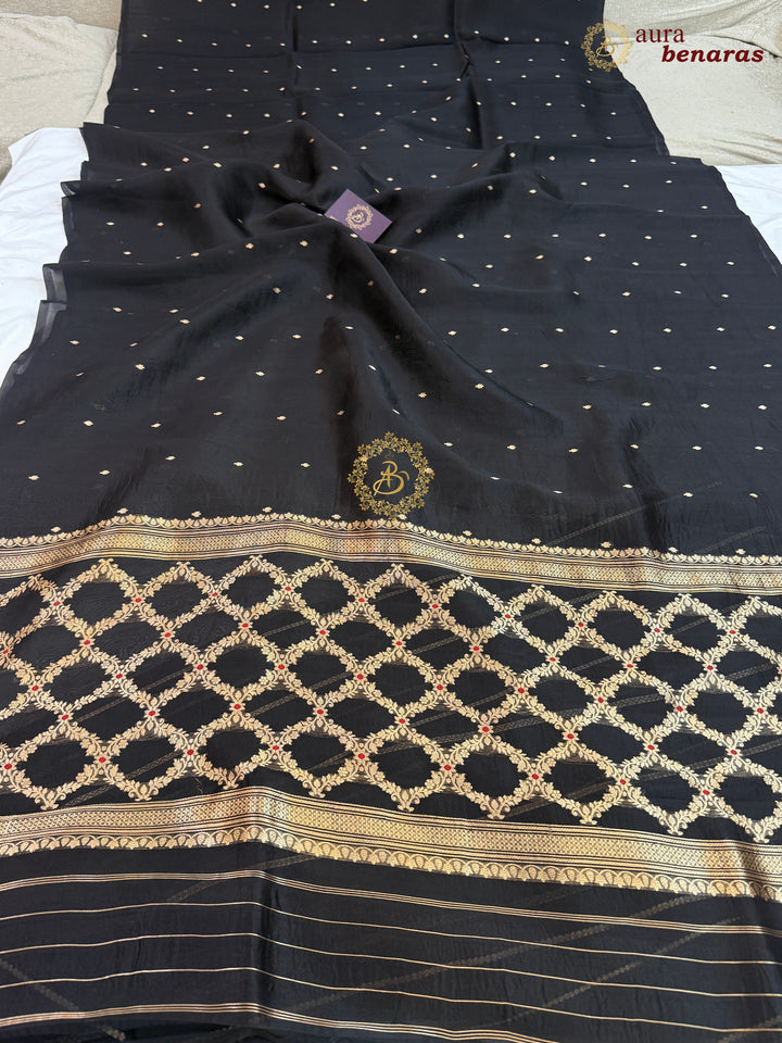 Black Kora Silk Banarasi Saree – Kadhwa Butis in Zari