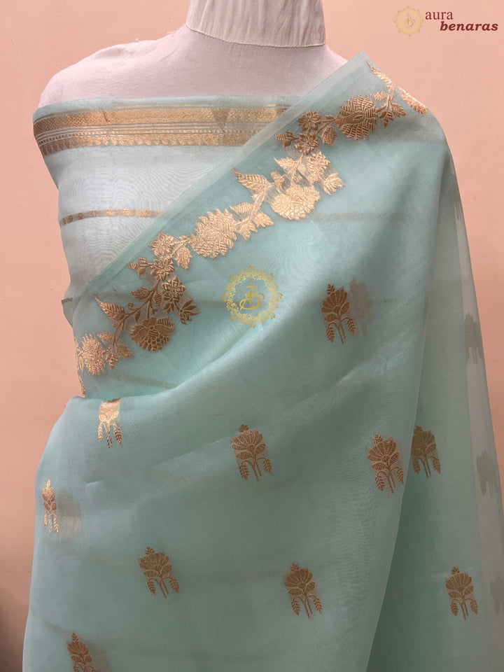 Sky Blue Pure Kora Silk Handloom Banarasi Saree