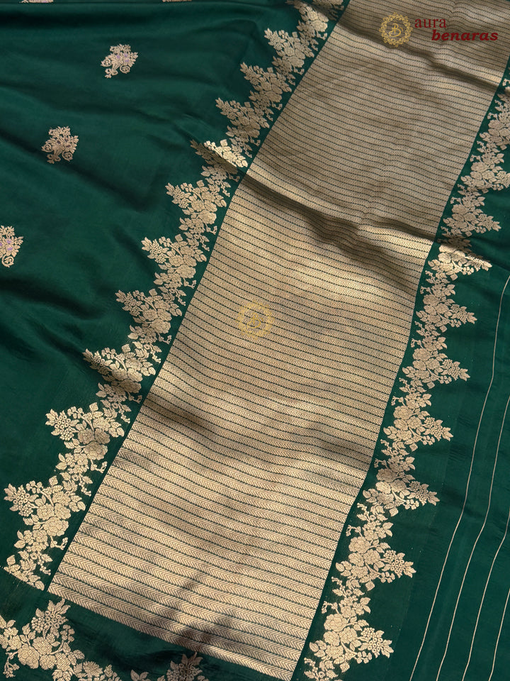 Bottle Green Banarasi Silk Saree | Kadhwa & Designer Border