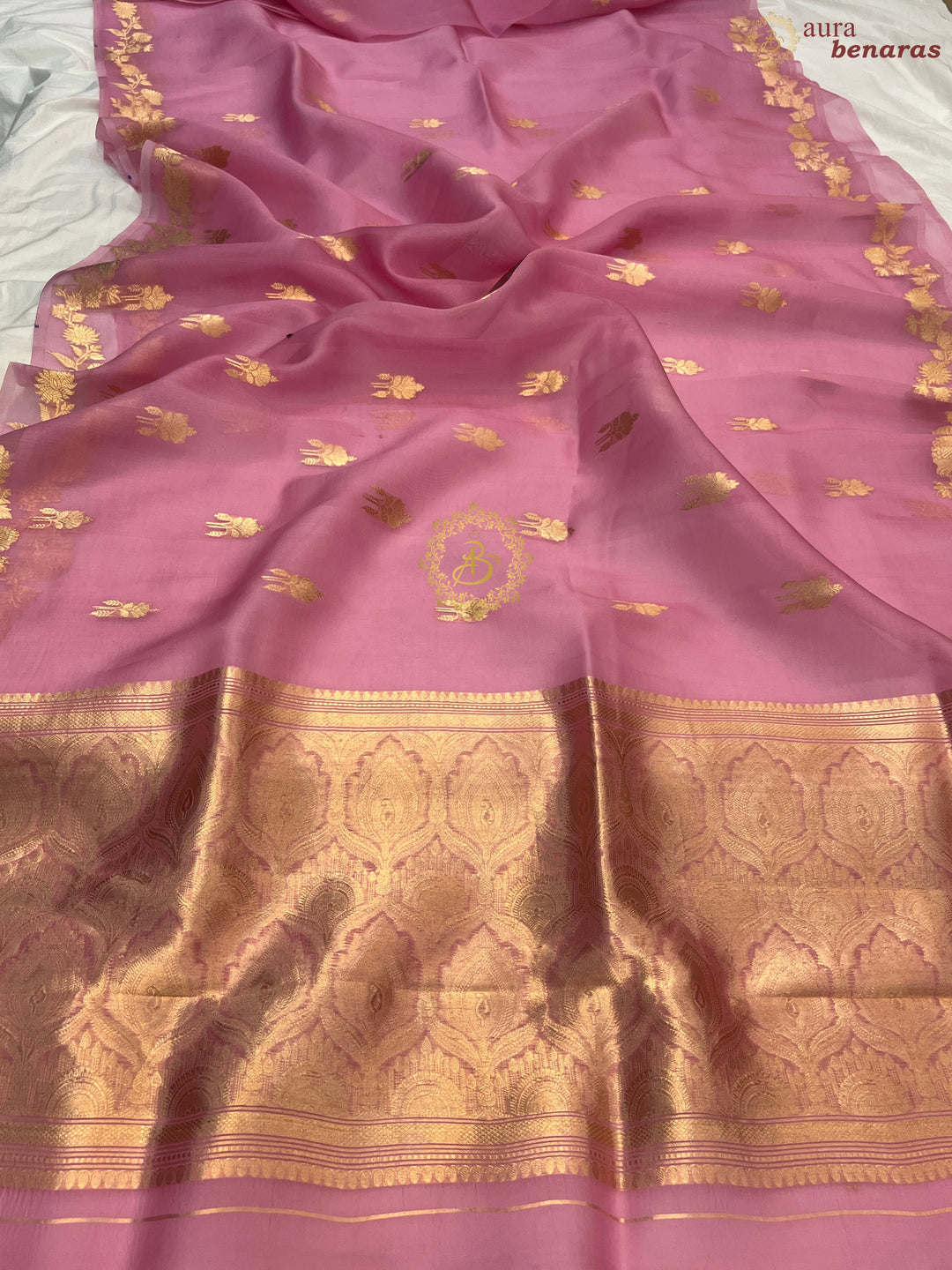Pinkish Lavender Pure Kora Silk Handloom Banarasi Saree