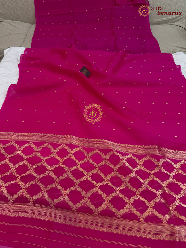 Rani Pink Kora Silk Banarasi Saree – Kadhwa Butis in Zari