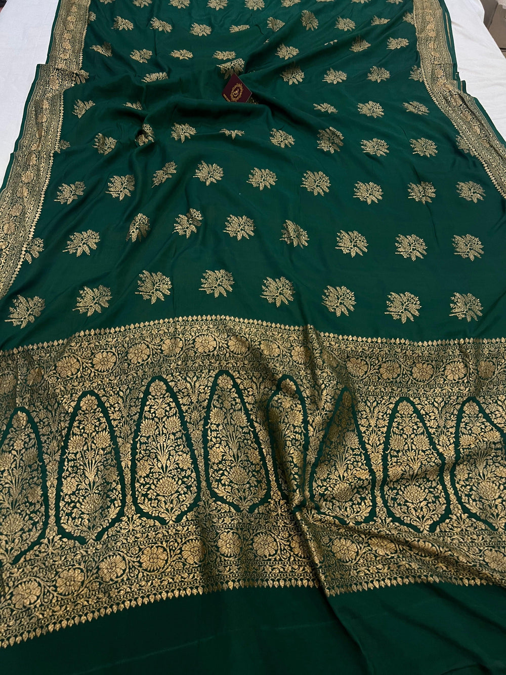 Bottle Green Pure Banarasi Khaddi Crepe Silk Saree - Aura Benaras