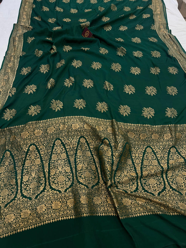 Bottle Green Pure Banarasi Khaddi Crepe Silk Saree - Aura Benaras