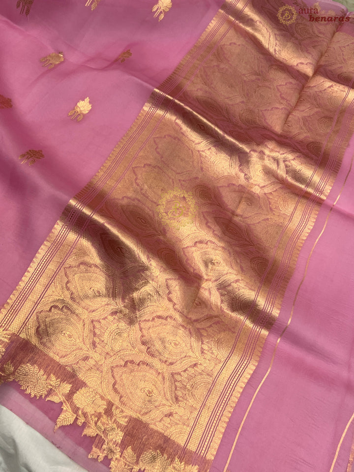 Pinkish Lavender Pure Kora Silk Handloom Banarasi Saree