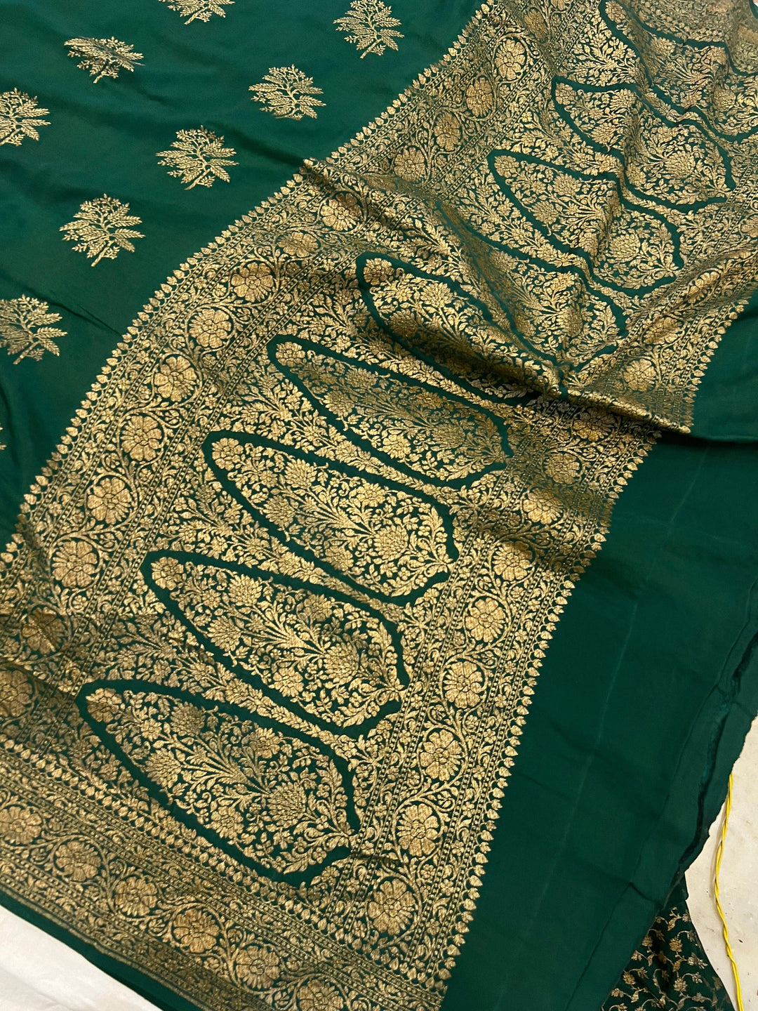Bottle Green Pure Banarasi Khaddi Crepe Silk Saree - Aura Benaras