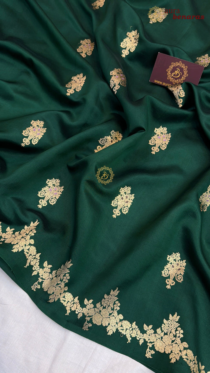 Bottle Green Banarasi Silk Saree | Kadhwa & Designer Border