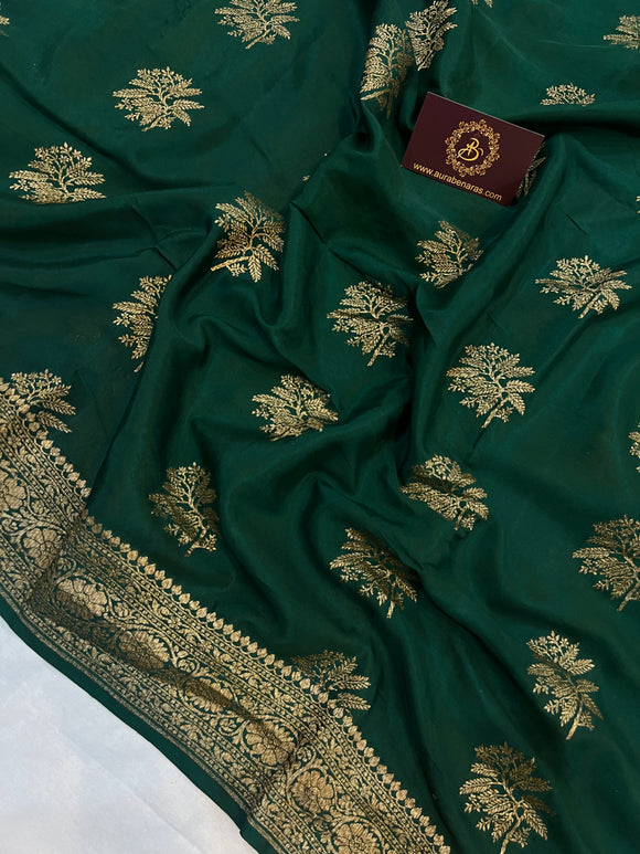 Bottle Green Pure Banarasi Khaddi Crepe Silk Saree - Aura Benaras