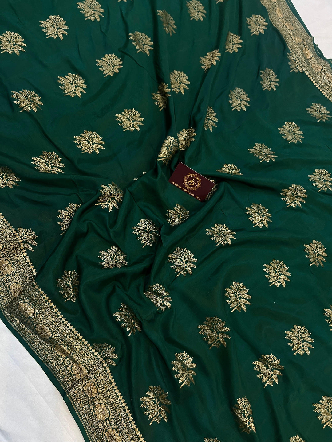 Bottle Green Pure Banarasi Khaddi Crepe Silk Saree - Aura Benaras