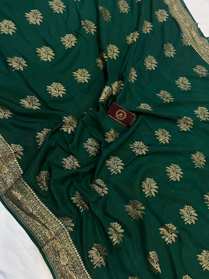 Bottle Green Pure Banarasi Khaddi Crepe Silk Saree - Aura Benaras