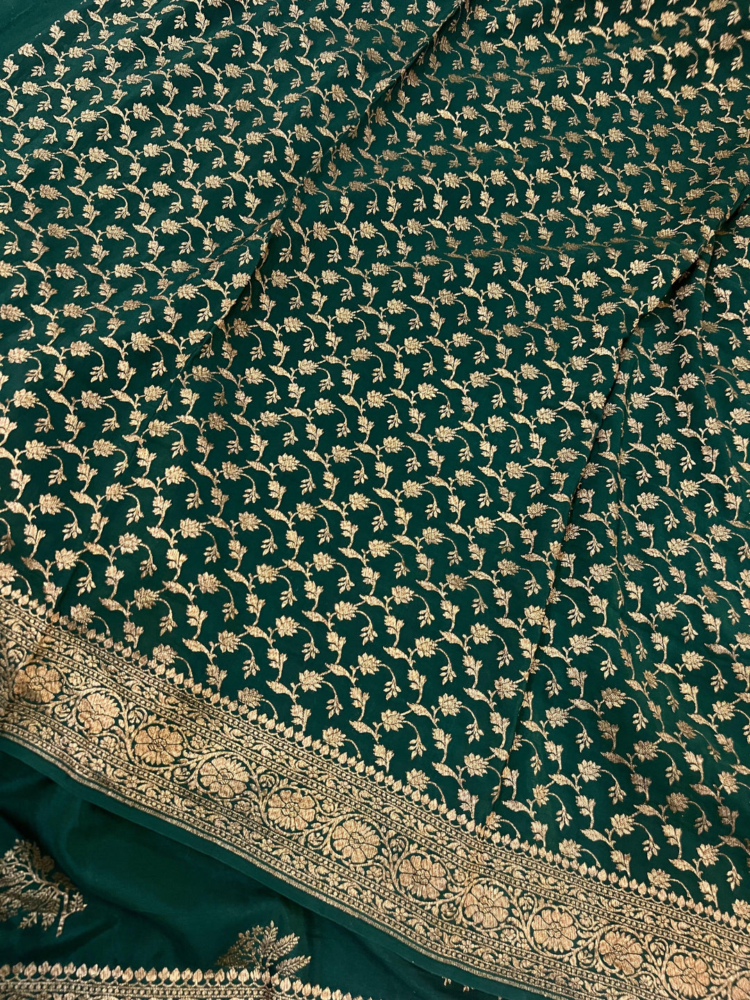 Bottle Green Pure Banarasi Khaddi Crepe Silk Saree - Aura Benaras