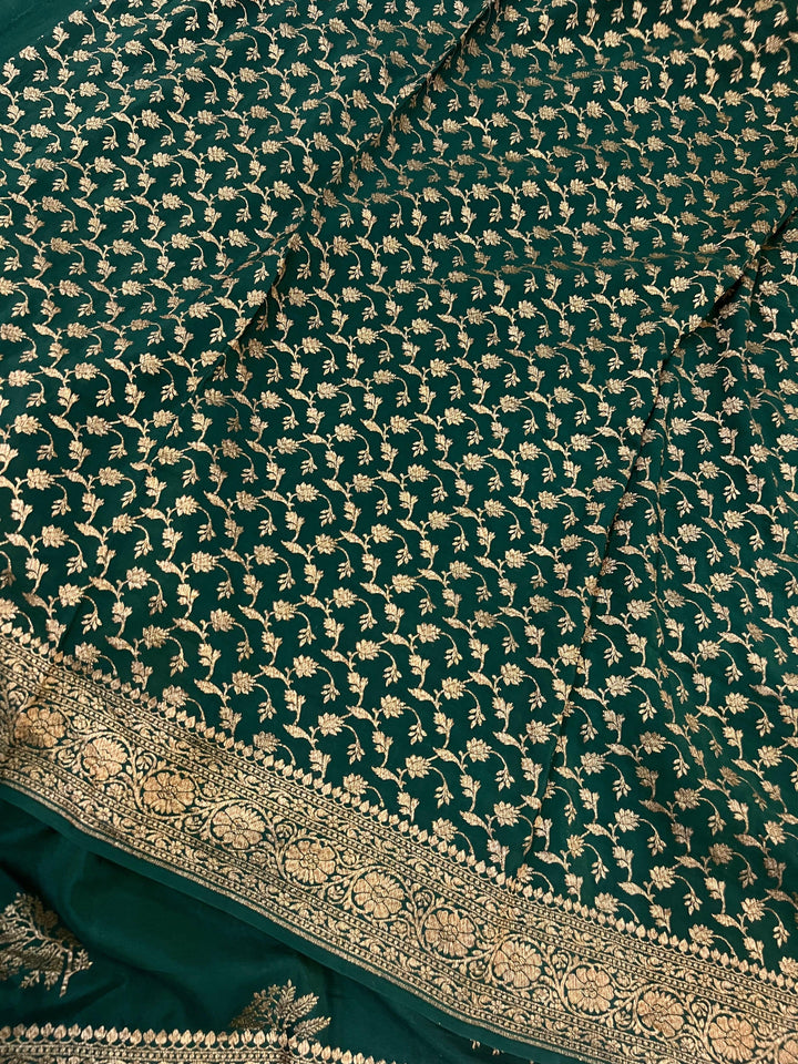 Bottle Green Pure Banarasi Khaddi Crepe Silk Saree - Aura Benaras