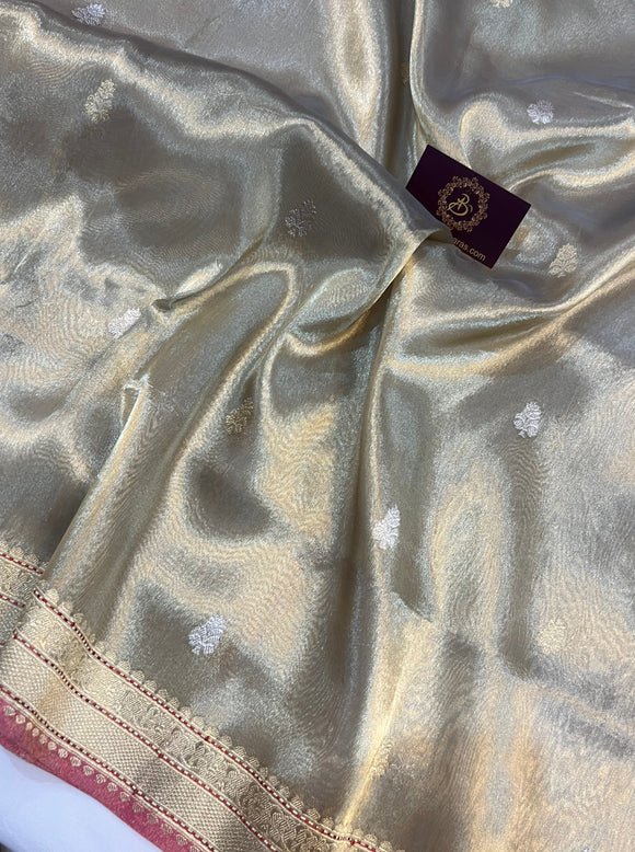 Pastel Golden Banarasi Handloom Organza Tissue Silk Saree - Aura Benaras