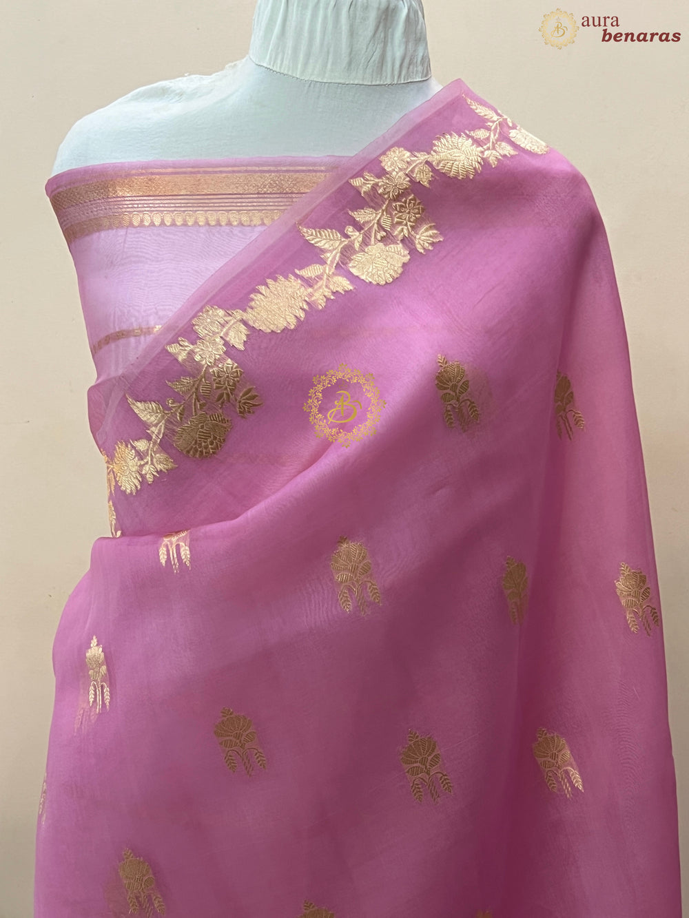 Pinkish Lavender Pure Kora Silk Handloom Banarasi Saree