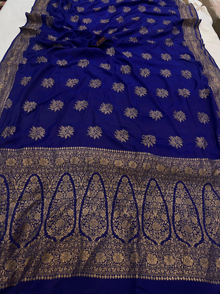 Royal Blue Pure Banarasi Khaddi Crepe Silk Saree - Aura Benaras