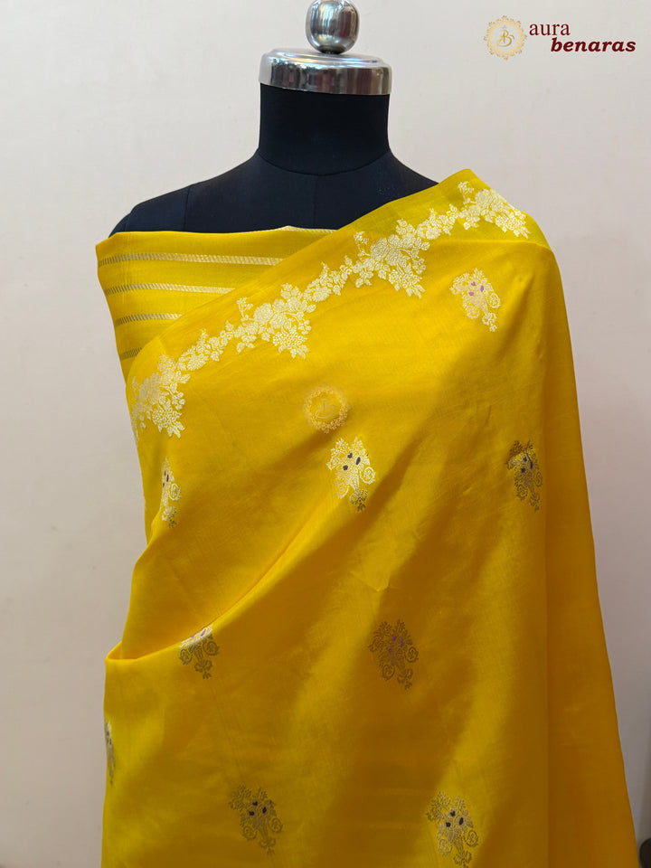 Yellow Banarasi Silk Saree | Kadhwa & Designer Border