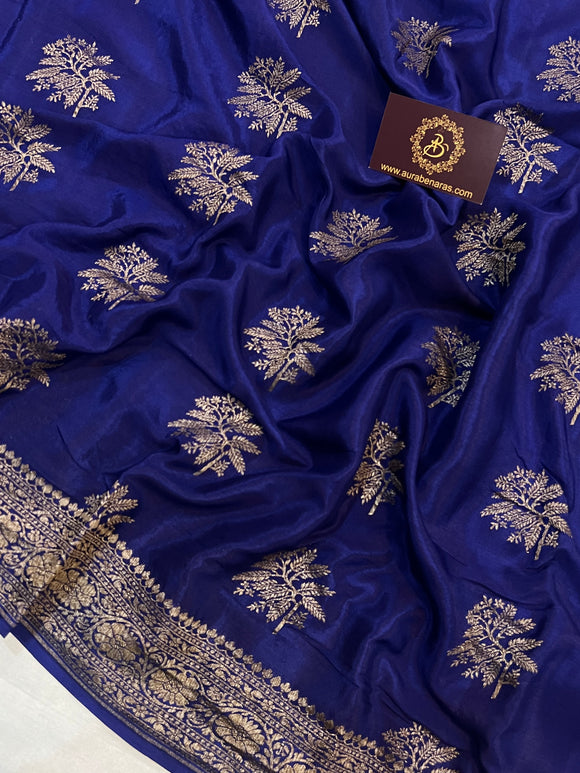 Royal Blue Pure Banarasi Khaddi Crepe Silk Saree - Aura Benaras