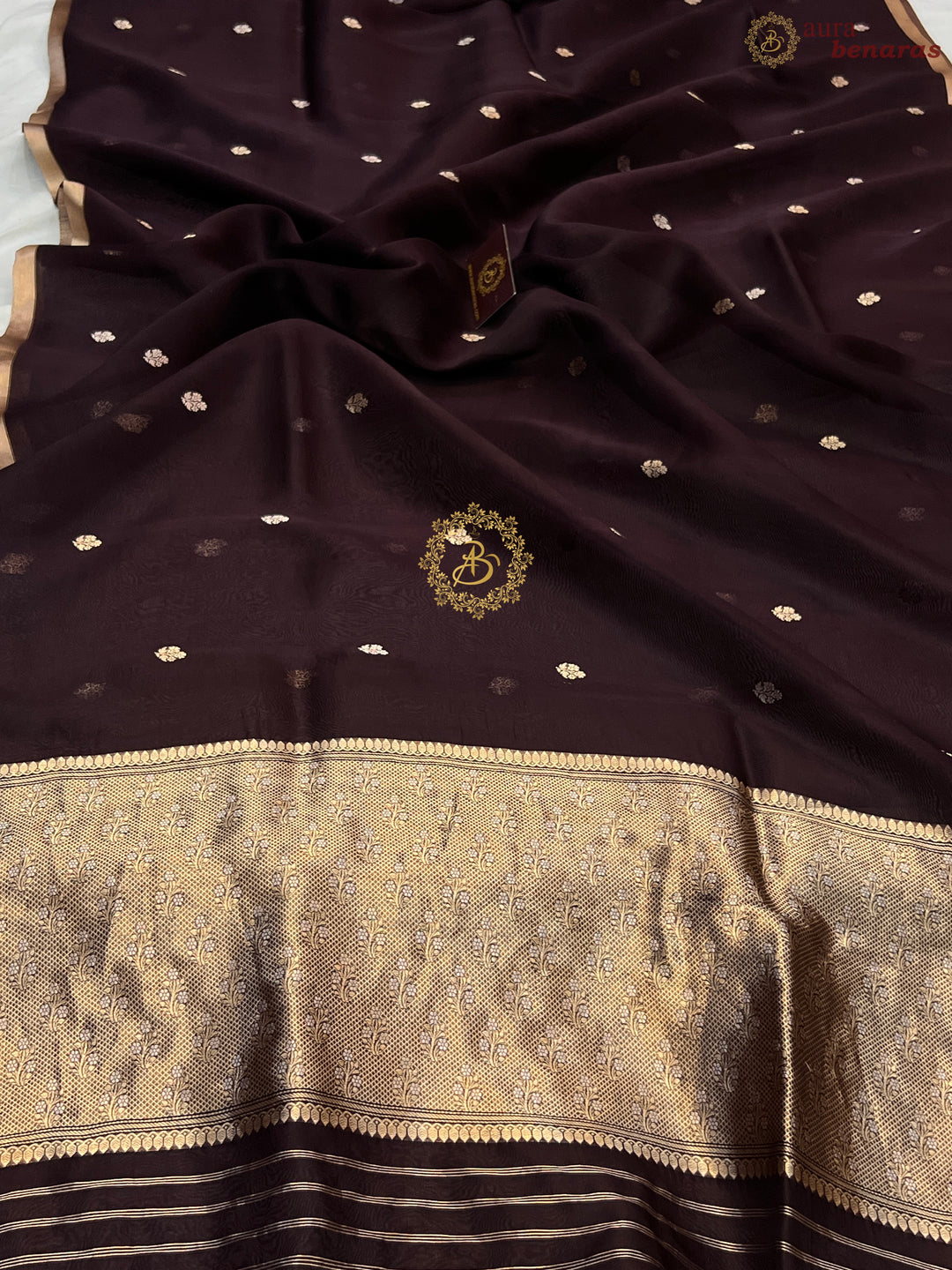 Brown Pure Kora silk Handloom Banarasi Saree