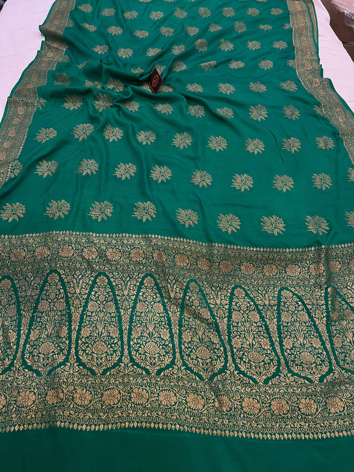 Rama Green Pure Banarasi Khaddi Crepe Silk Saree - Aura Benaras