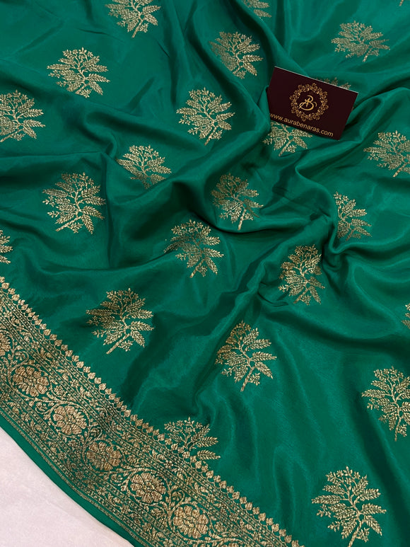 Rama Green Pure Banarasi Khaddi Crepe Silk Saree - Aura Benaras