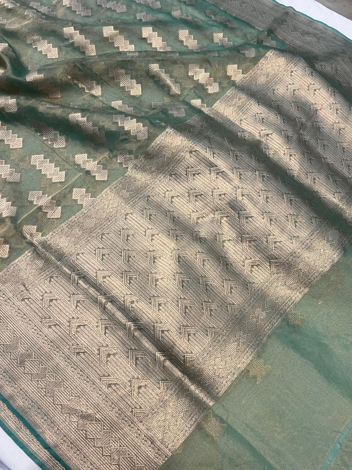 Sea Blue Pure Banarasi Handloom Kora Tissue Silk Saree