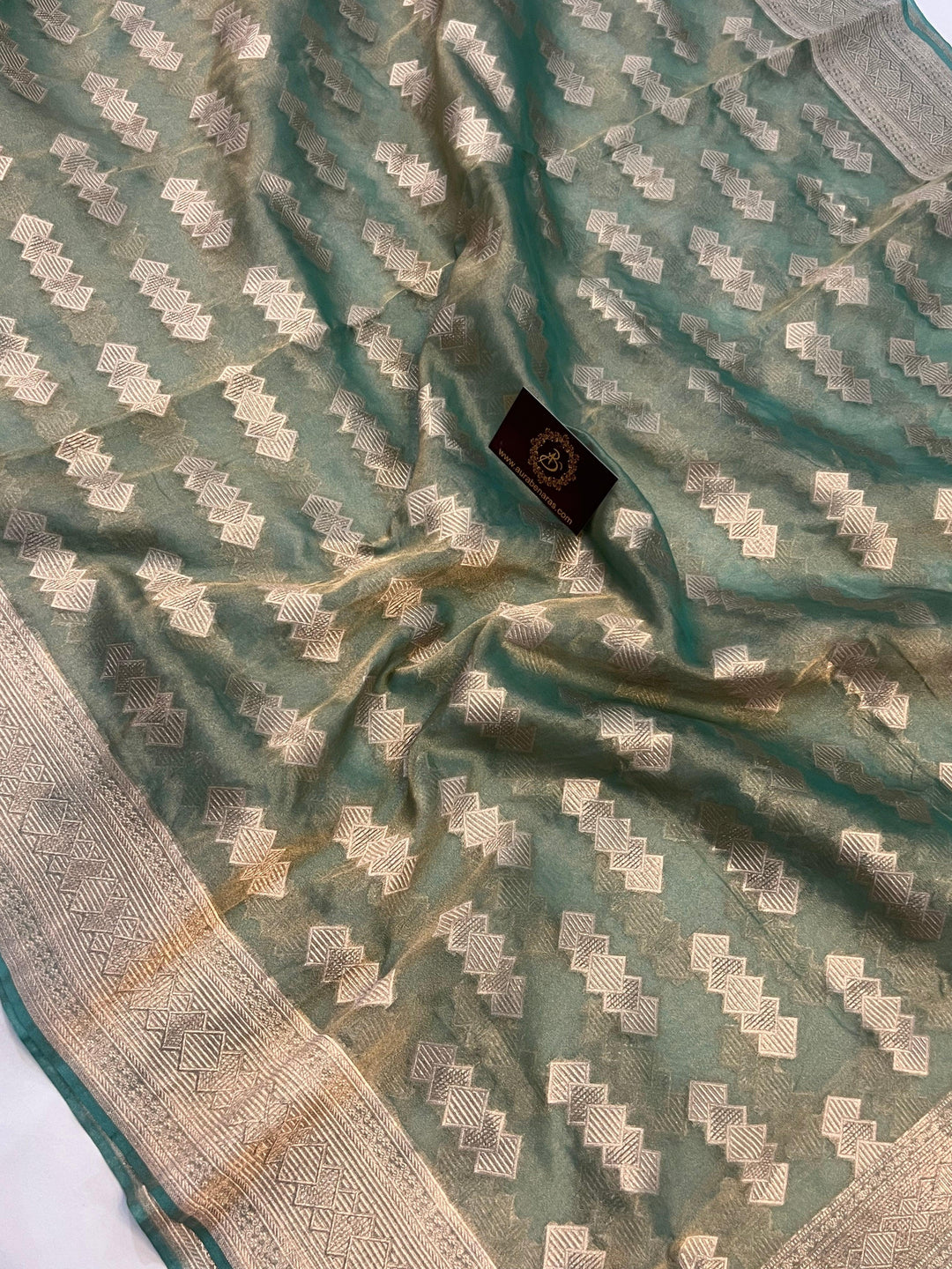 Sea Blue Pure Banarasi Handloom Kora Tissue Silk Saree