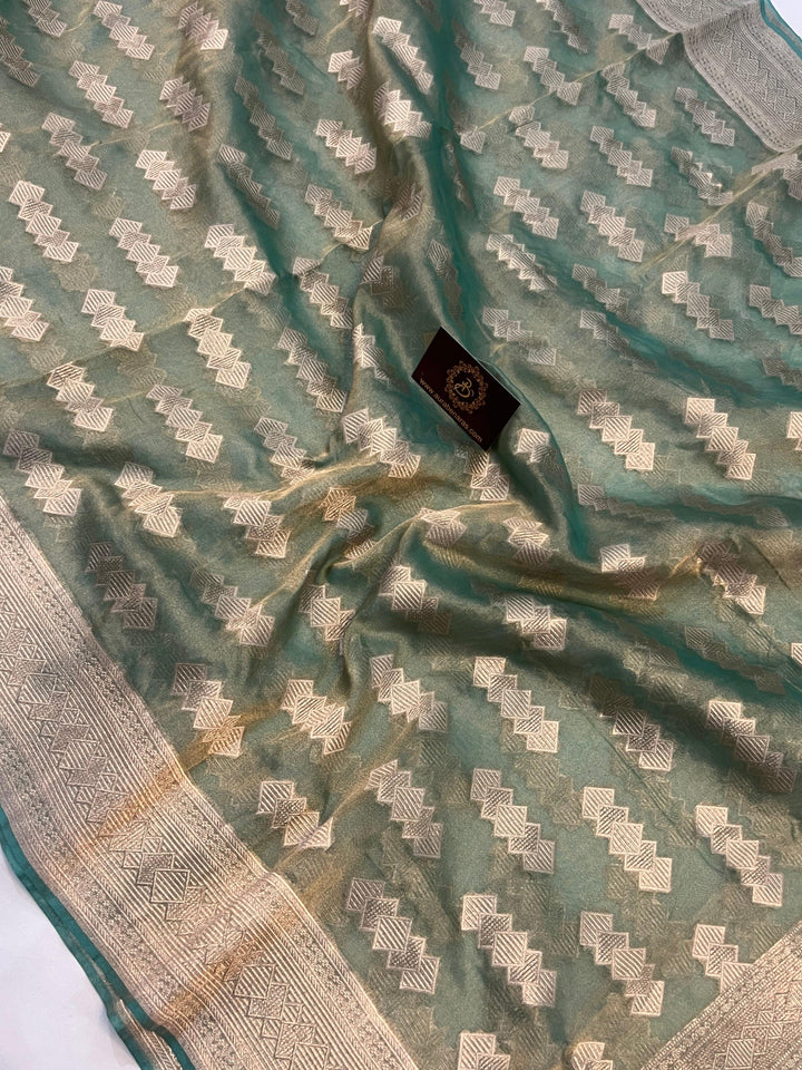 Sea Blue Pure Banarasi Handloom Kora Tissue Silk Saree