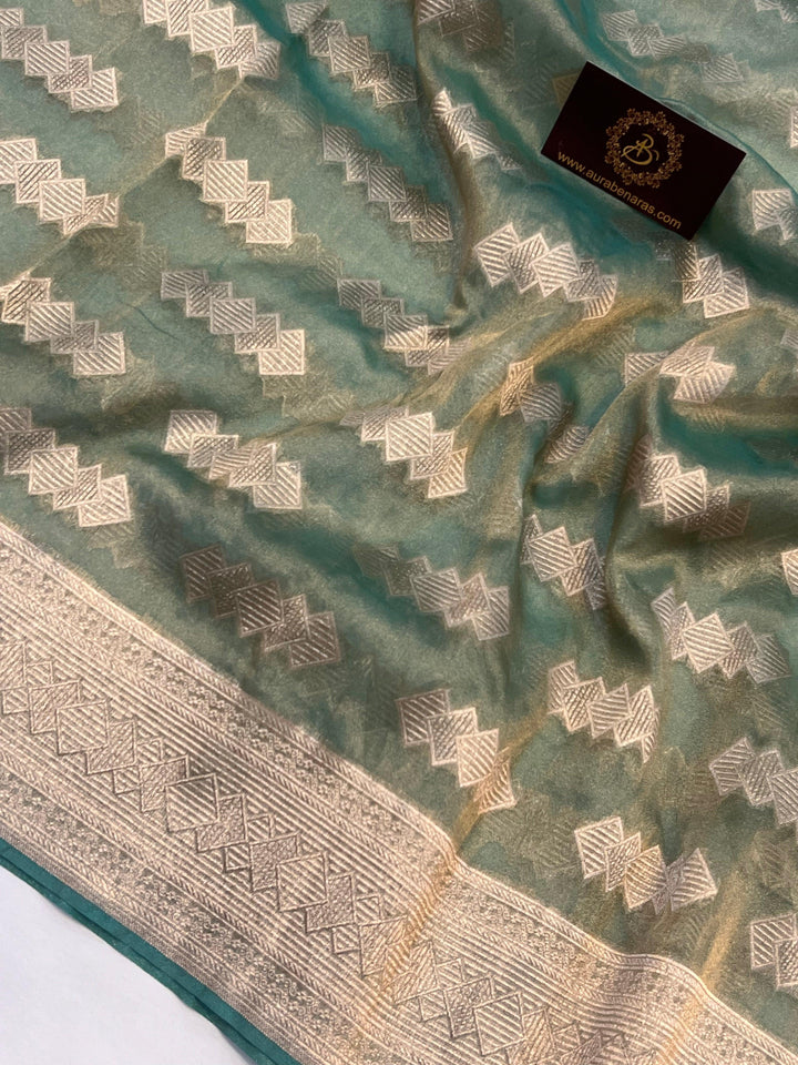 Sea Blue Pure Banarasi Handloom Kora Tissue Silk Saree