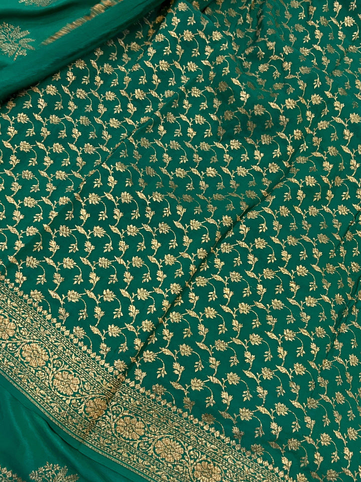Rama Green Pure Banarasi Khaddi Crepe Silk Saree - Aura Benaras
