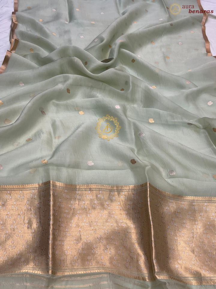 Mint Green Pure Kora silk Handloom Banarasi Saree