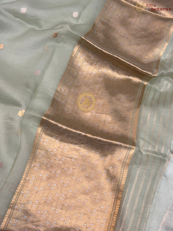 Mint Green Pure Kora silk Handloom Banarasi Saree