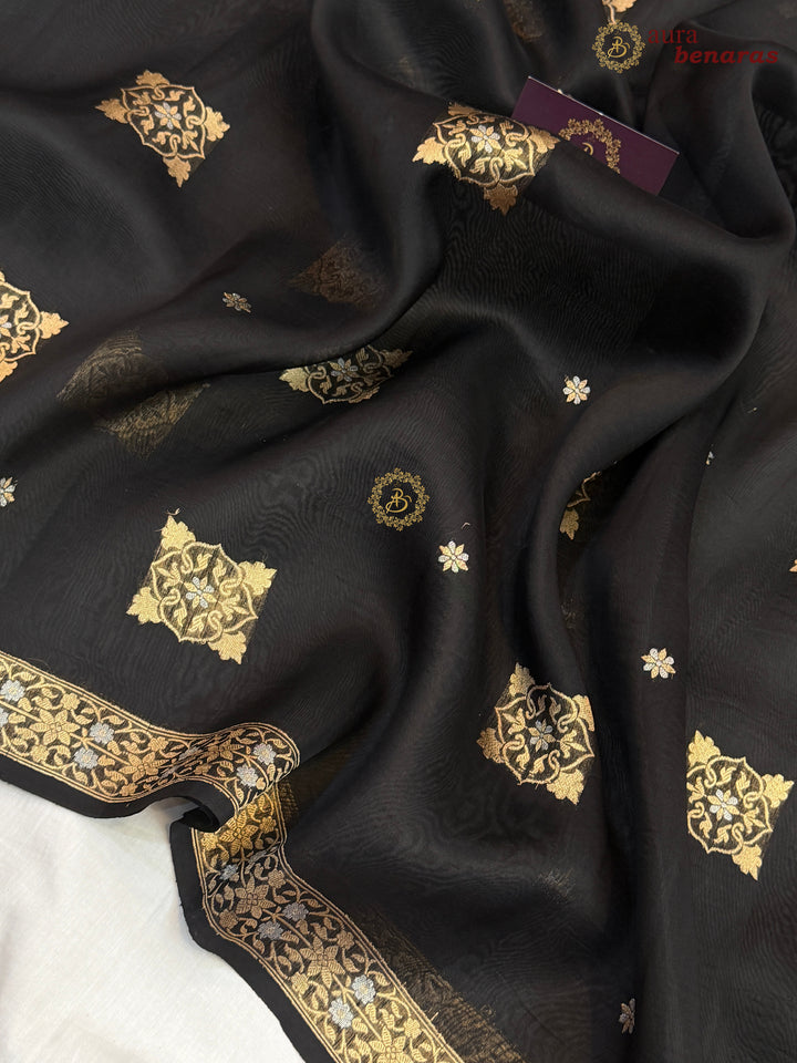 Black Kora Silk Banarasi Saree with Sona Rupa Butis