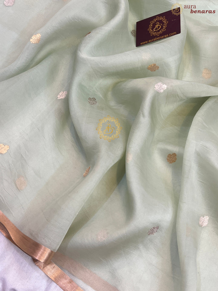 Mint Green Pure Kora silk Handloom Banarasi Saree