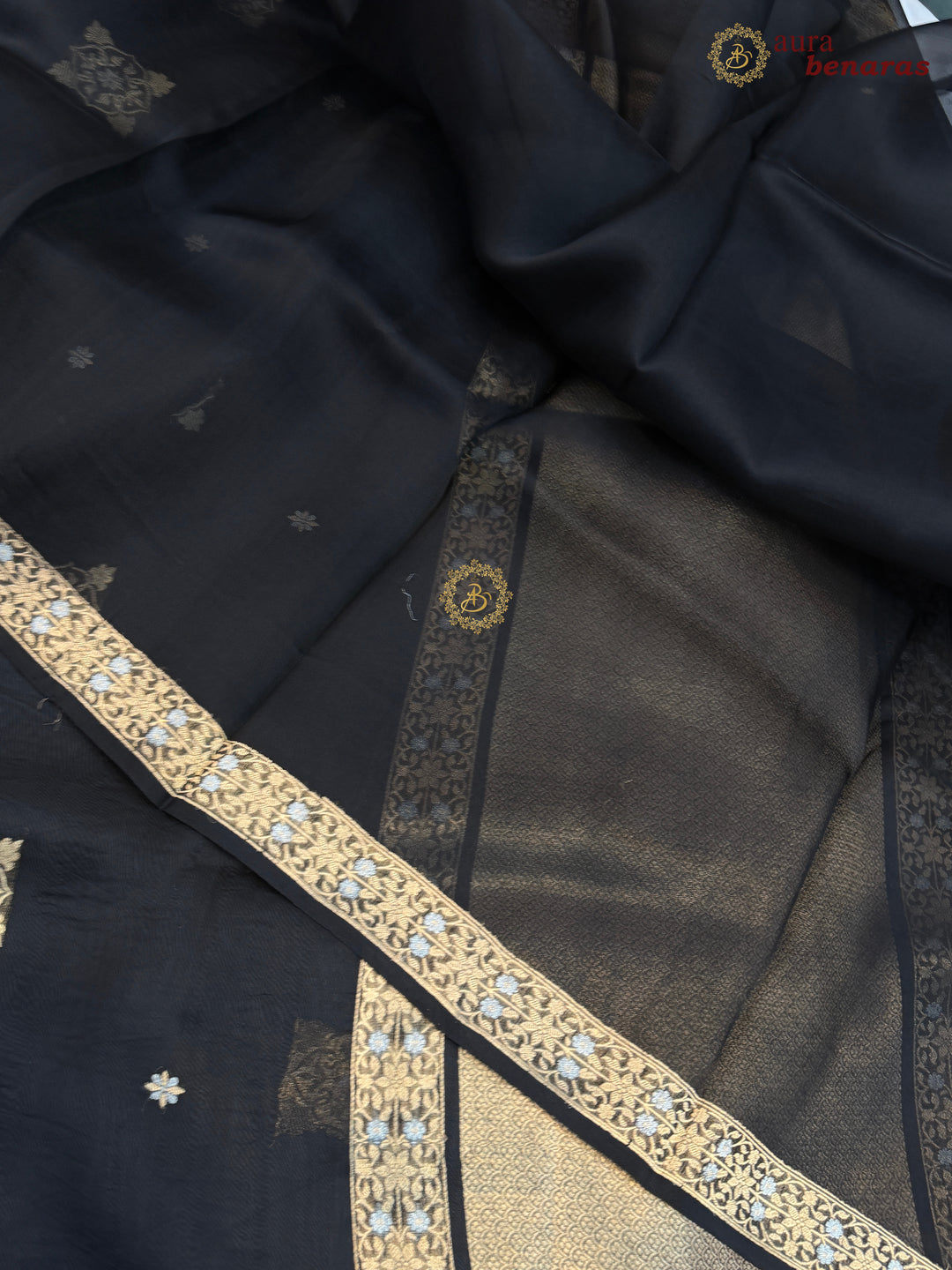 Black Kora Silk Banarasi Saree with Sona Rupa Butis
