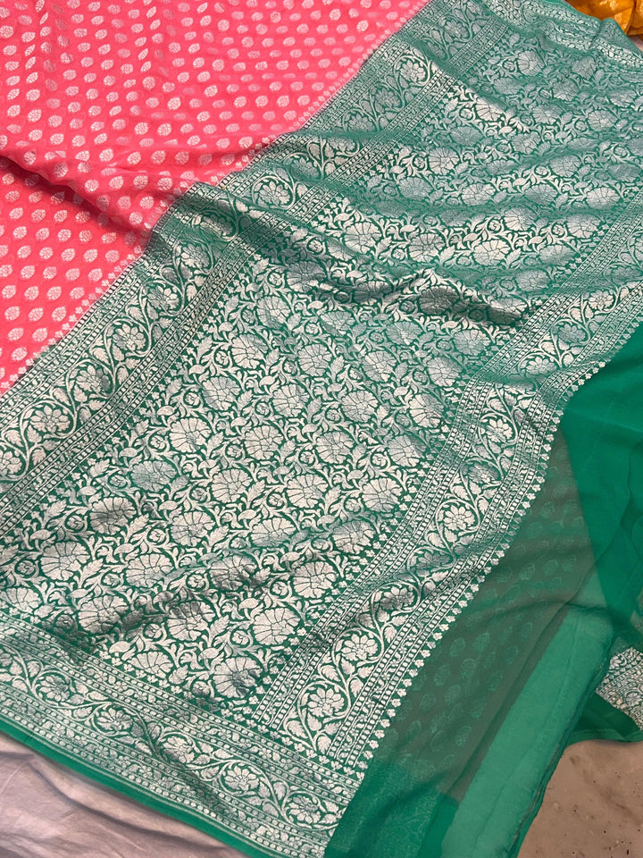 Peachish Pink Banarasi Handloom Pure Khaddi Georgette Saree - Aura Benaras