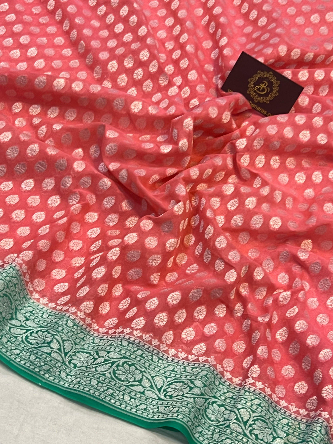 Peachish Pink Banarasi Handloom Pure Khaddi Georgette Saree - Aura Benaras