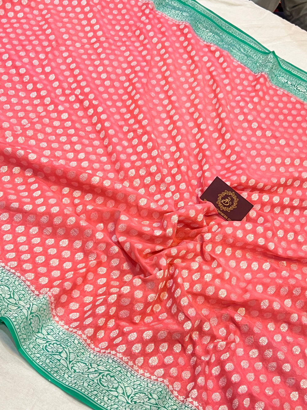 Peachish Pink Banarasi Handloom Pure Khaddi Georgette Saree - Aura Benaras