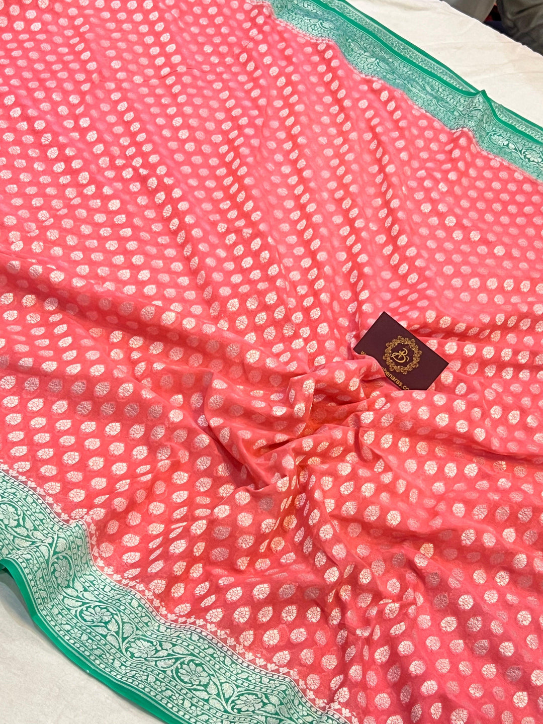 Peachish Pink Banarasi Handloom Pure Khaddi Georgette Saree - Aura Benaras