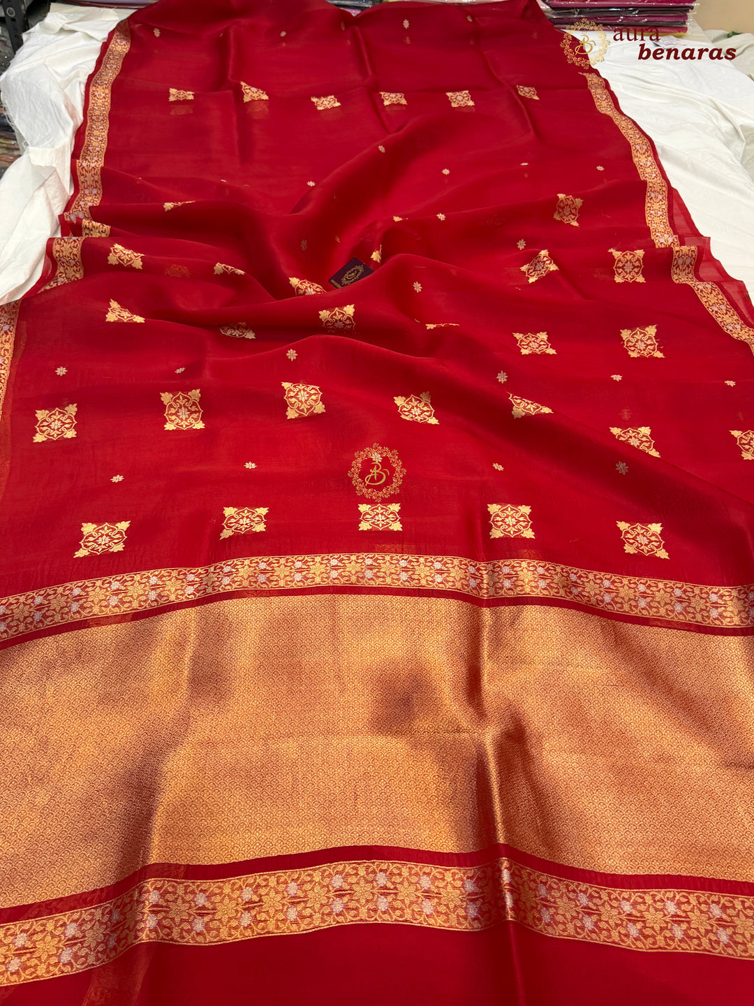 Red Kora Silk Banarasi Saree with Sona Rupa Butis